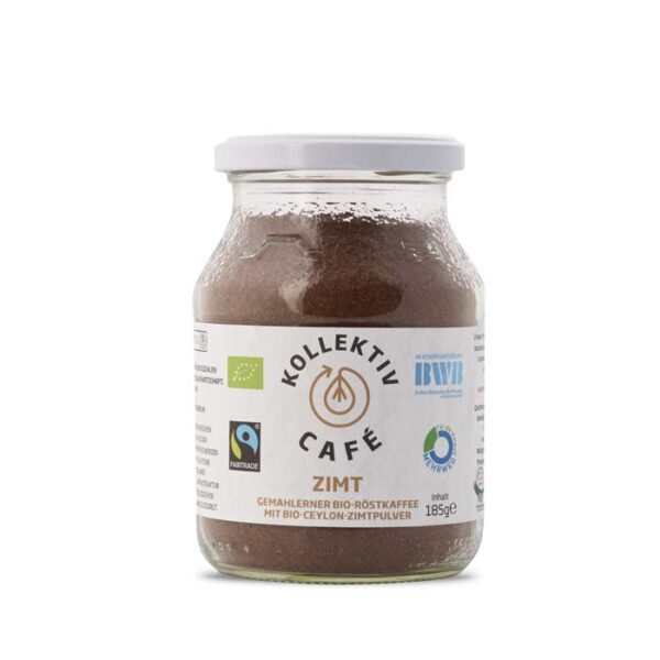 Fairtrade Bio Kaffee Zimt, freigestellt auf weißem Hintergrund im Mehrwegglas.